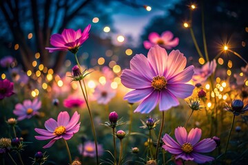 Cosmos Flowers in Dark Park, Night Bloom, Low Light Photography