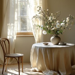 Scandinavian Minimalist Dining Room with Round Table and Flower Bouquet in Natural Light