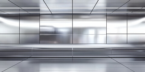Highly reflective polished chrome metal background with a near-mirror finish. The metallic surface captures the surrounding environment with smooth curves and dynamic reflections, creating a