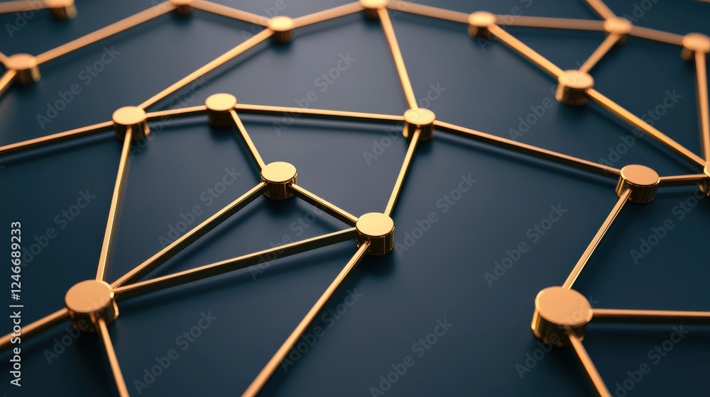 Poster a close-up view of an interconnected network of golden nodes and lines against a dark background, sy