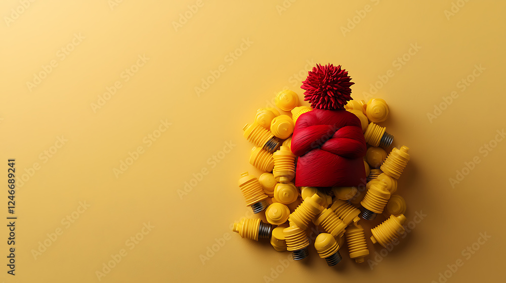 Poster dynamic action figure surrounded by colorful caps studio setting creative photography minimalist bac