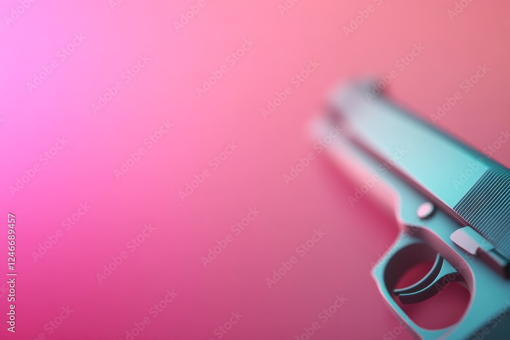 Poster Close-up artistic rendition of a firearm featuring dynamic colors and sharp lines, emphasizing its intricate design and providing copy space on the right