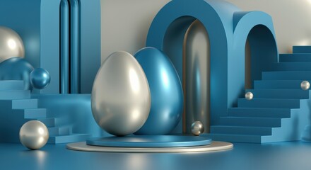 Modern blue and silver egg display in a stylish geometric setting