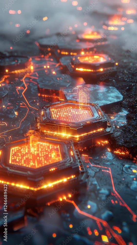 Poster a vibrant, fiery landscape featuring glowing hexagonal structures surrounded by lava and smoke, crea