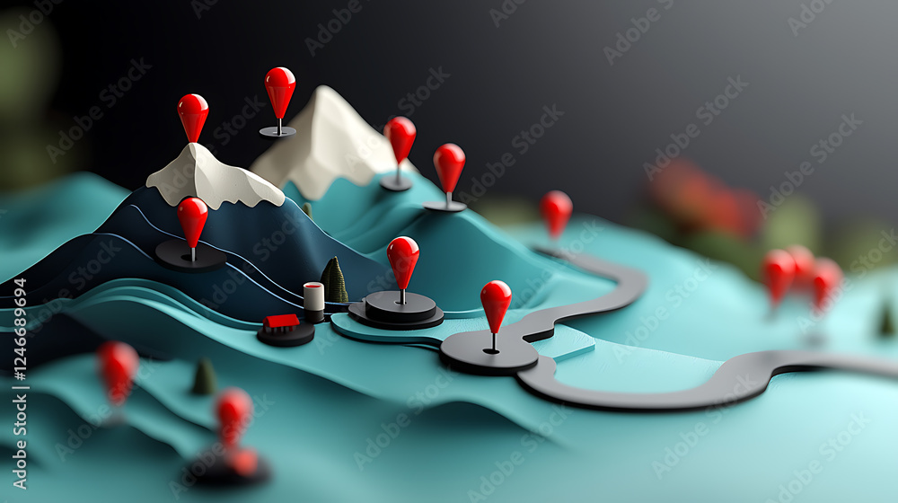 Poster navigating geographic landscapes 3d map illustrating routes and landmarks digital art studio setting