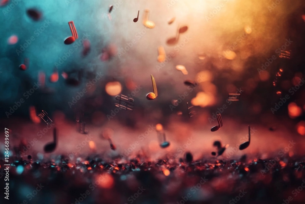Leinwandbilder Abstract music notes float against a soft bokeh background, with a colorful blur of lights creating a sense of rhythm and movement in visual art