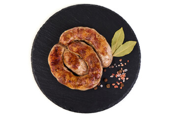 Grilled Sausages, close-up, isolated on white background.