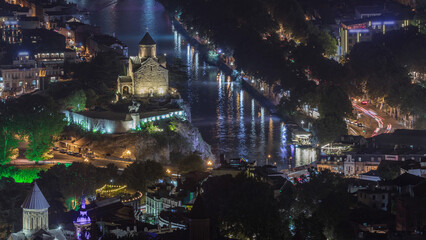 Metekhi Virgin Mary Assumption Church aerial night timelapse. Tbilisi, Georgia. © HyperlapsePro