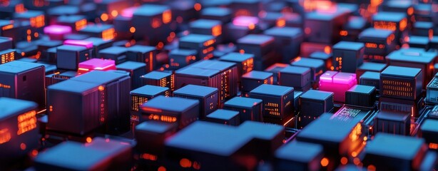 Fototapeta premium A vibrant, abstract representation of a digital cityscape, featuring illuminated blocks and a futuristic design.
