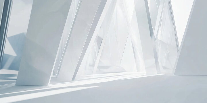 A bright, clean white background featuring soft triangular shapes and sharp lines creating an abstract composition. The geometric precision and minimalism are ideal for modern tech designs, corporate
