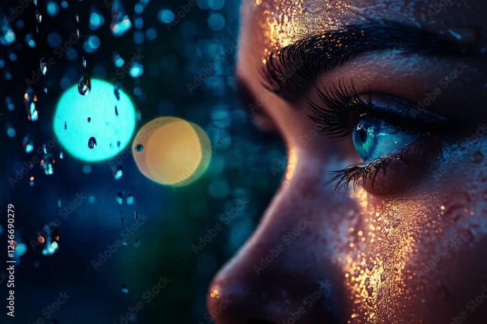 Aufkleber water droplets rest on an eyelid, reflecting soft light to highlight intricate details and create a 