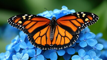 Vibrant Monarch Butterfly Perched on Blue Flowering Plant