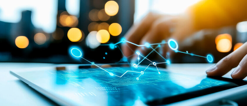 A person interacts with a digital tablet, manipulating data visuals amid a blurred urban background filled with warm lights.