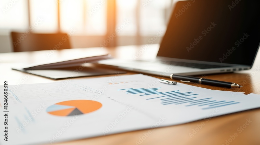 Poster Colorful graphs and pie charts are arranged on a wooden desk, accompanied by a pen and notebook while a laptop remains slightly blurred in the background