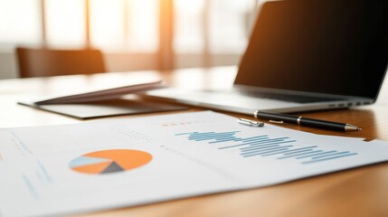 Colorful graphs and pie charts are arranged on a wooden desk, accompanied by a pen and notebook while a laptop remains slightly blurred in the background
