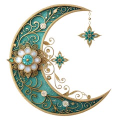 Intricate Golden Crescent Moon with Floral Designs on Turquoise Background