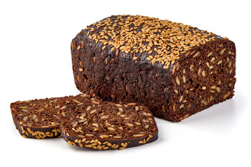 Rye bread with seeds, isolated on white background.