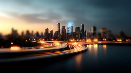 Naklejka premium Urban nightscape illuminated city skyline vibrant lights modern architecture evening atmosphere aerial perspective urban development concept