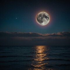 A moon made of crystal, casting rainbow reflections across a dark ocean.