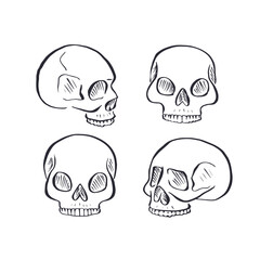 Hand drawn black and white sketchy human skulls set isolated on white background. Doodle skeleton head tattoo design