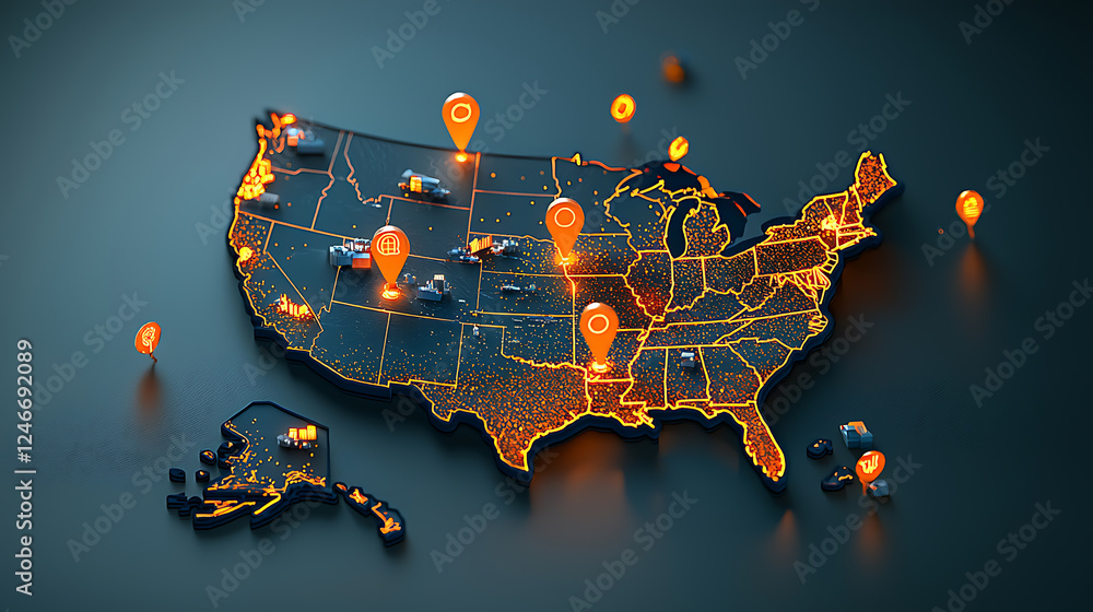 Poster dynamic map visualization of united states locations highlighting data points digital environment mo