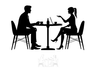Premium vector men women drink coffee on laptop or talk in office vector black and white outline and vector illustration design.