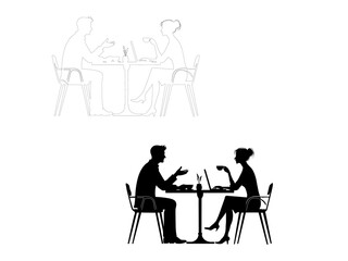 Premium vector men women drink coffee on laptop or talk in office vector black and white outline and vector illustration design.