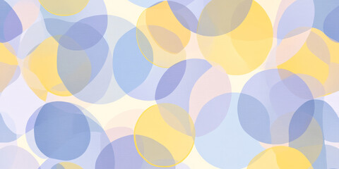 A seamless abstract pattern of overlapping semi-transparent circles in chambray blue, sunshine yellow, and lilac, creating a dynamic modern look.