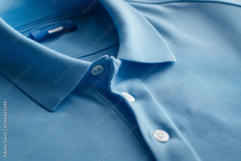 Aufkleber a neatly folded blue polo shirt showcases crisp seams and vibrant color on a pristine white surface,