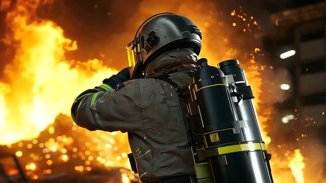 A steelworker, fully equipped in a heavy protective suit, stands next to a roaring steel furnace, the intense heat creating a glowing atmosphere around them as they observe the mol