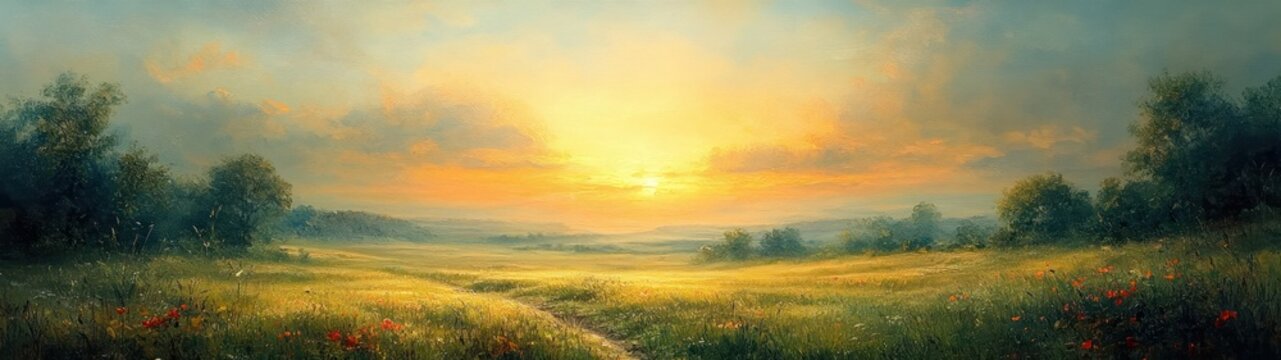 Panoramic Landscape of Lush Green Meadow at Sunset with Warm Golden Light in Impressionistic Style