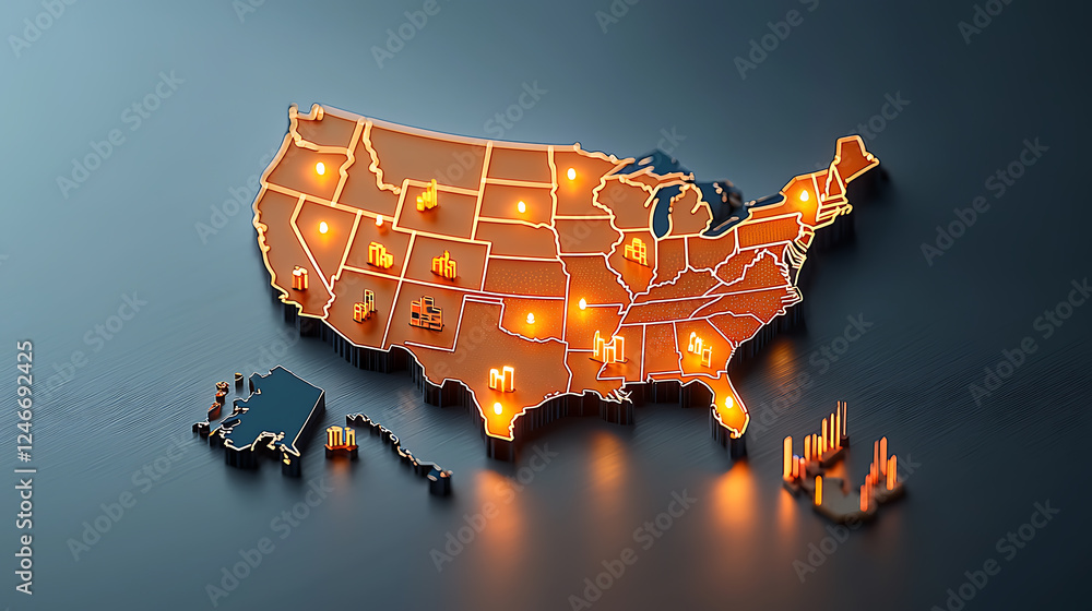 Poster interactive united states map displaying data metrics digital visualization urban insights modern de