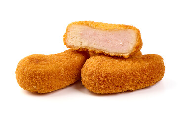 Crispy chicken nuggets, isolated on white background.