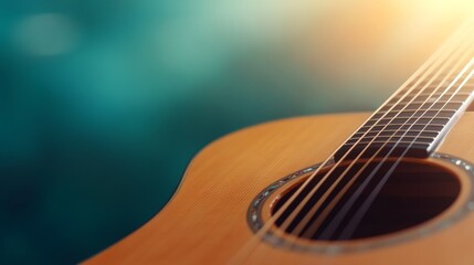 Naklejka premium An acoustic guitar with a polished wooden body rests against a soft pastel blue background, showcasing the detailed soundhole and strings in sharp focus