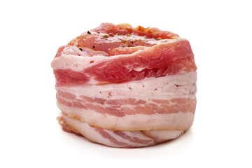 Raw Pork medallions wrapped in bacon, isolated on white background.