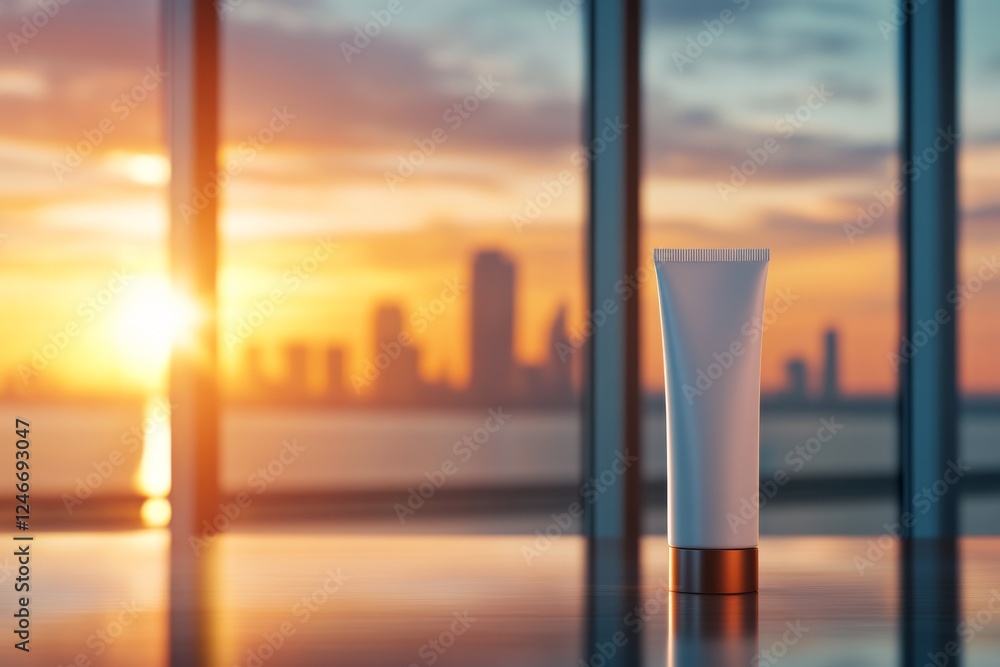 Poster A single toothpaste tube with a sleek design stands upright on a glossy surface, creating a modern aesthetic against a sunset view of the city