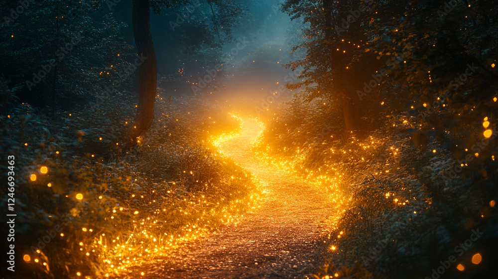 Aufkleber enchanting illuminated path through a forest at twilight creates a magical atmosphere