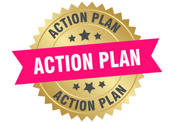 action plan. action plan round pink and gold label isolated on transparent background