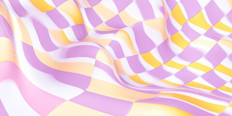 A 3D wavy checkerboard pattern in contrasting pastel pink, sunshine yellow, and light lavender, forming a fun and surreal abstract design.