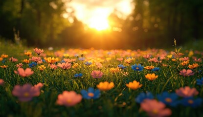 Fototapeta premium Vibrant Spring Meadow with Wildflowers Lush Grass Sunlight Blue Sky and Clouds Natural Landscape