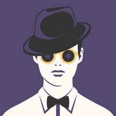 Minimalist poster with man in hat with vinyl record sunglasses. Music concept in retro style. Vector illustration