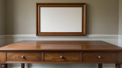 Wooden Table with Empty Frame on Wall in Minimalist Interior