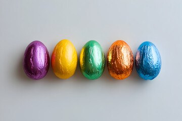 A row of Easter chocolate eggs of various sizes, each wrapped in vibrant colorful foil, lined up on a minimalist white surface, highlighting the bright colors and variety
