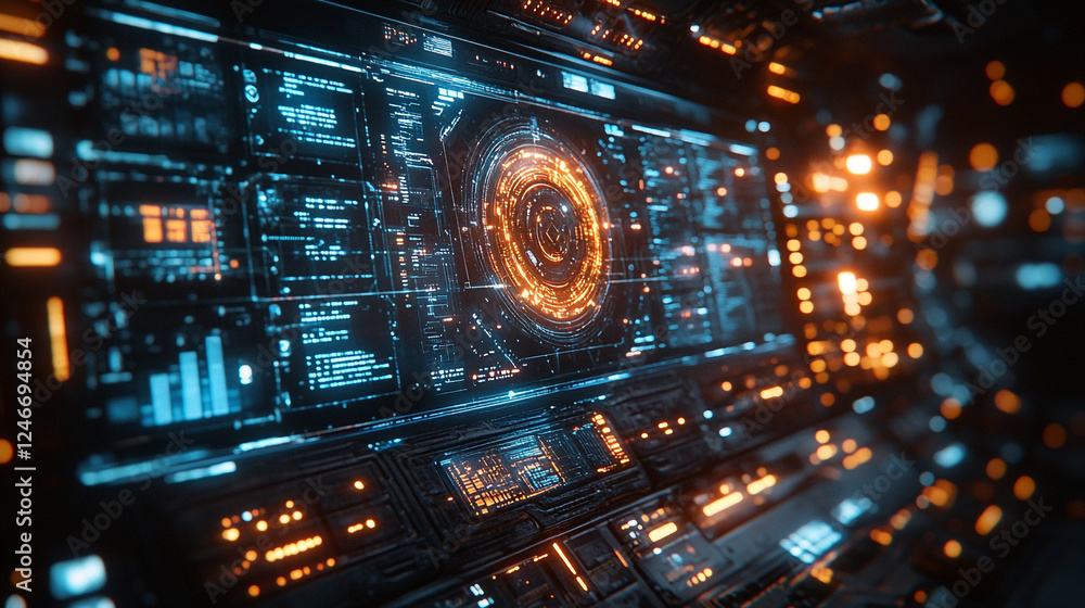 Poster digital interface with glowing elements showcasing advanced technology and data visualization