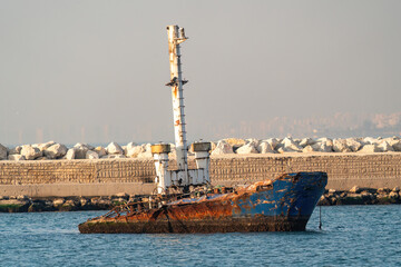 The rusted metal hull of a ship, small micro-organisms adhering to the bottom of the ship,...