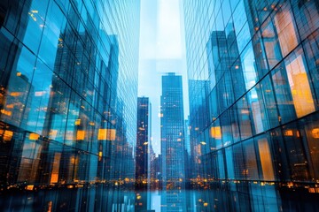 Fototapeta premium Reflections of a bustling city skyline in modern glass buildings at twilight