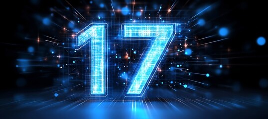 Luminous Blue Neon Digital Number 17 on a Technological Background with Light Streaks.