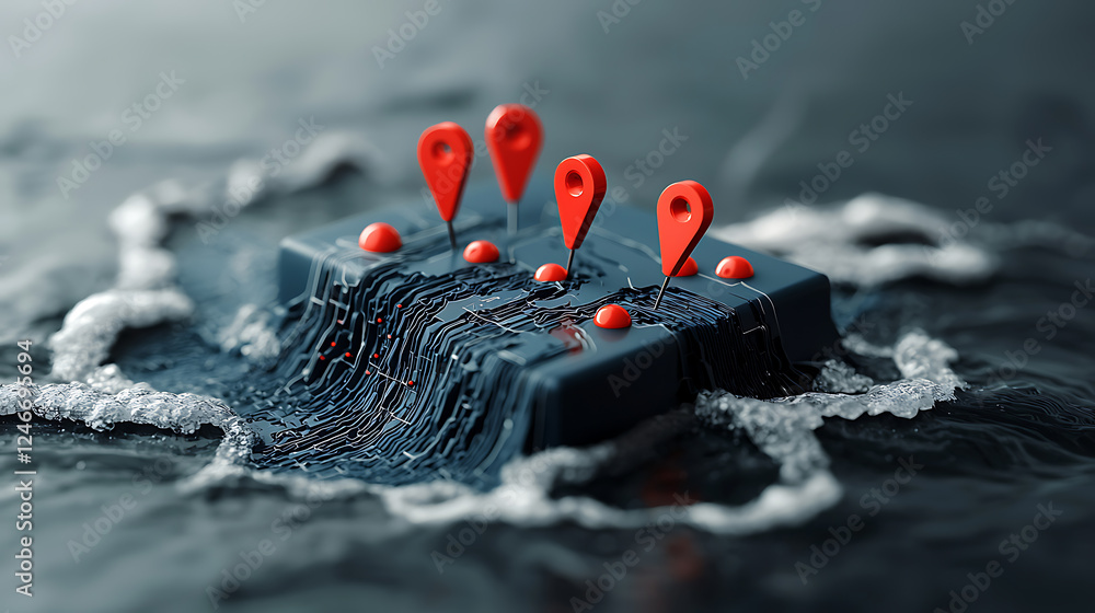 Poster navigating digital landscapes mapping technology in an abstract ocean environment conceptual art clo