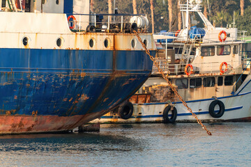 The rusted metal hull of a ship, small micro-organisms adhering to the bottom of the ship,...