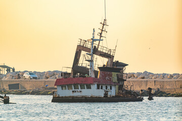 The rusted metal hull of a ship, small micro-organisms adhering to the bottom of the ship,...